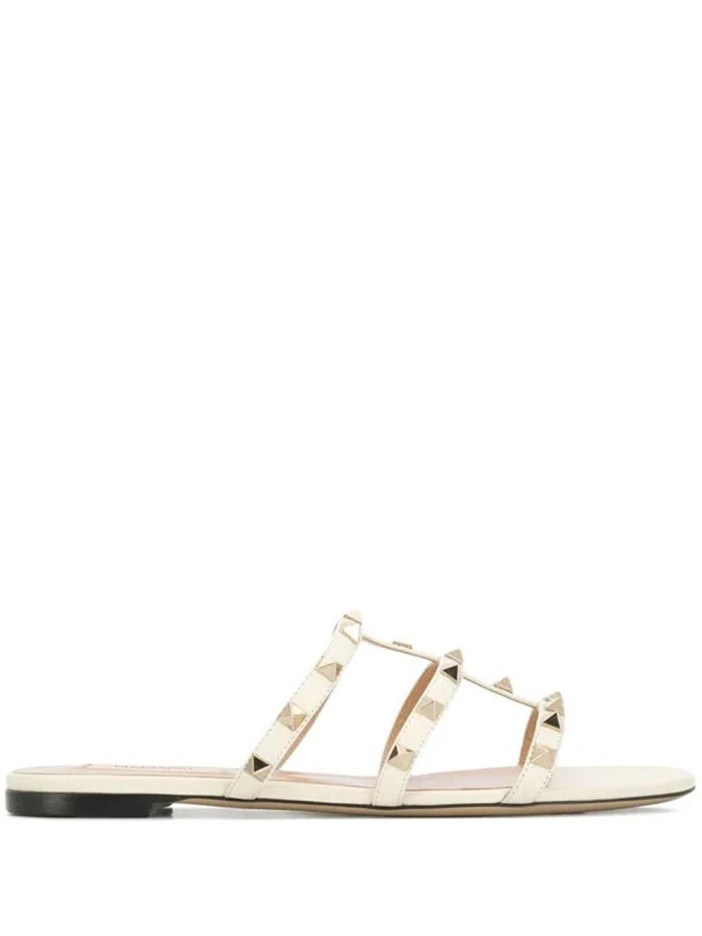 Rockstud Leather Slides In Light Ivory Product Image