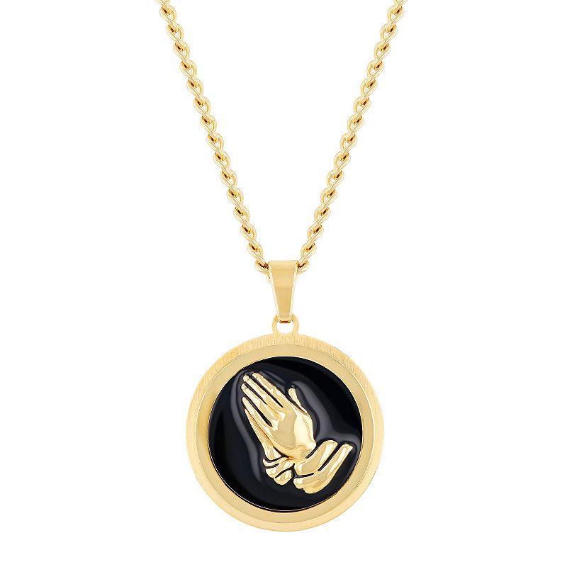 Mens Steel Nation Stainless Steel Two-Tone Praying Hands Medallion Pendant Necklace Two Tone Product Image