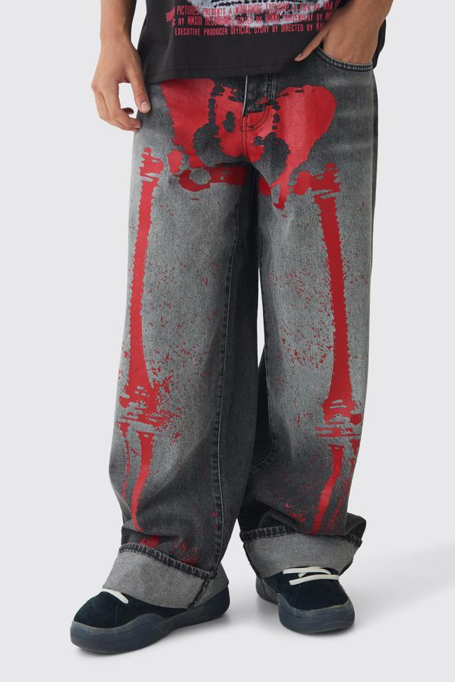 Baggy Fit Rigid Red Skeleton Printed Jeans | boohooMAN USA Product Image