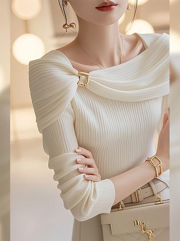 Long-Sleeve Mesh Panel Plain Knit Top Product Image