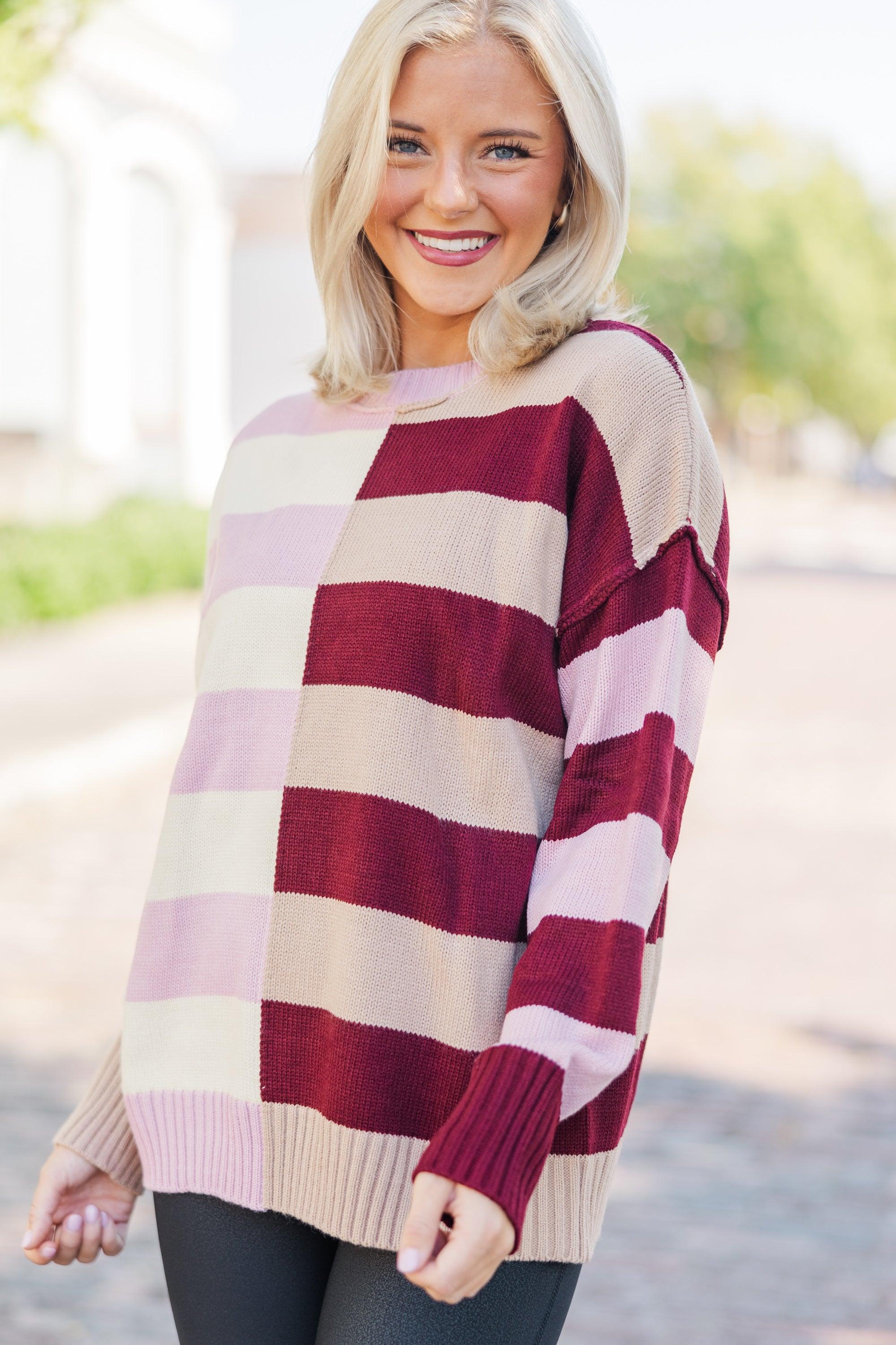 All About You Burgundy Red Striped Sweater Female Product Image