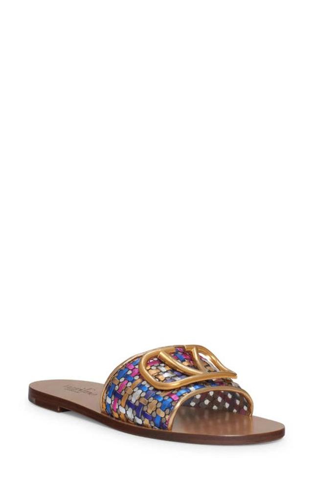 VALENTINO GARAVANI Vlogo Signature Woven Slide Sandals In Gold/multicolour Product Image