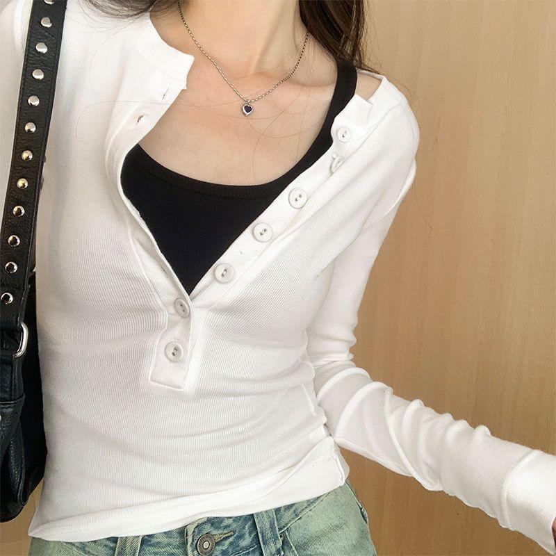 Long Sleeve Henley Plain T-Shirt Product Image