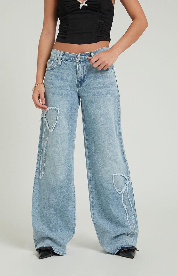 Women's Casey Light Indigo Bow Low Rise Baggy Jeans Product Image