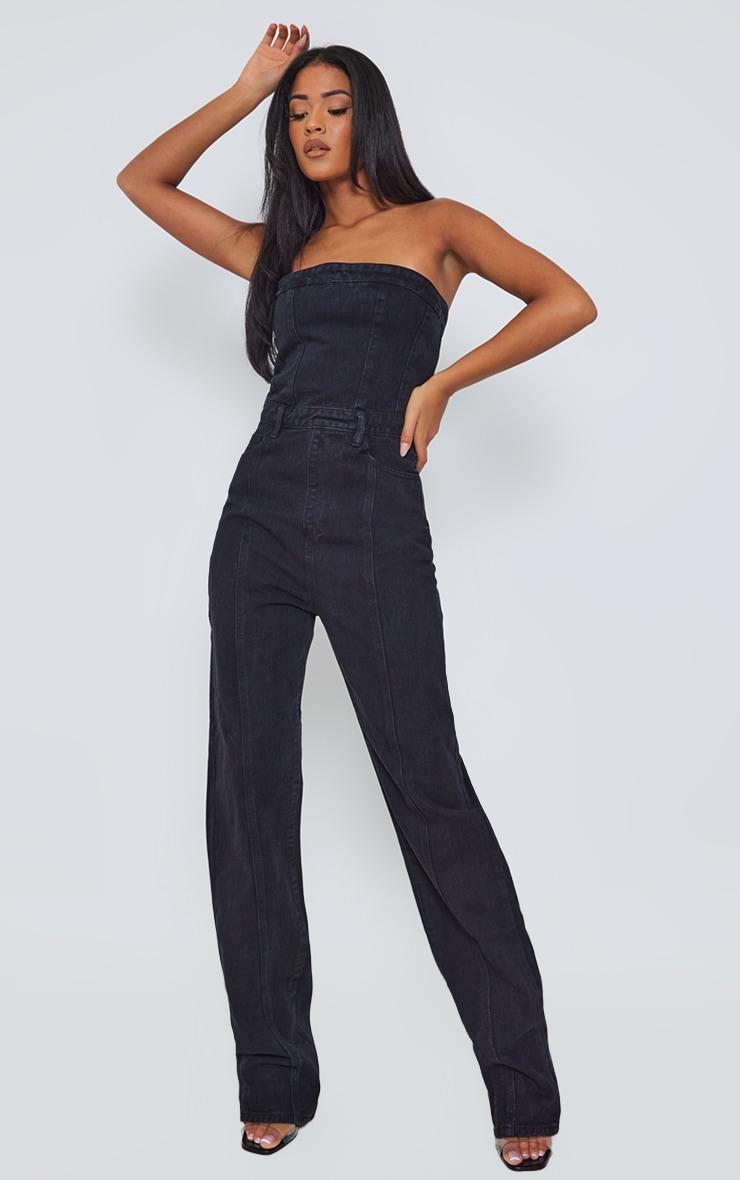 Tall Black Bandeau Denim Straight Leg Jumpsuit Product Image