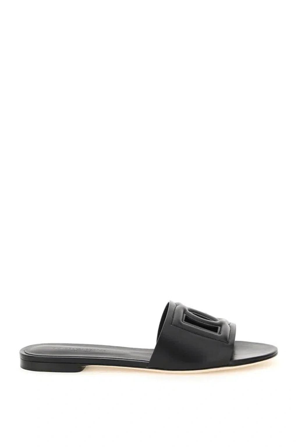 DOLCE & GABBANA Dg Logo Leather Flat Sandals In Black product image