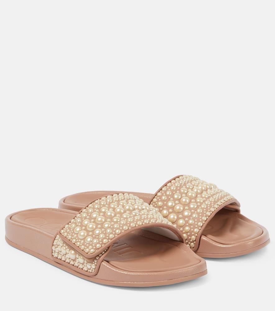 JIMMY CHOO Fitz Faux-pearl Embellished Canvas Slides In Pink Product Image