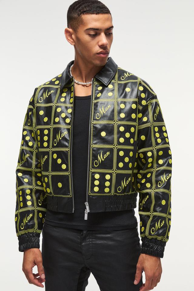 Boxy Man Dice Embroidered PU Bomber Jacket In Black | boohooMAN USA Product Image