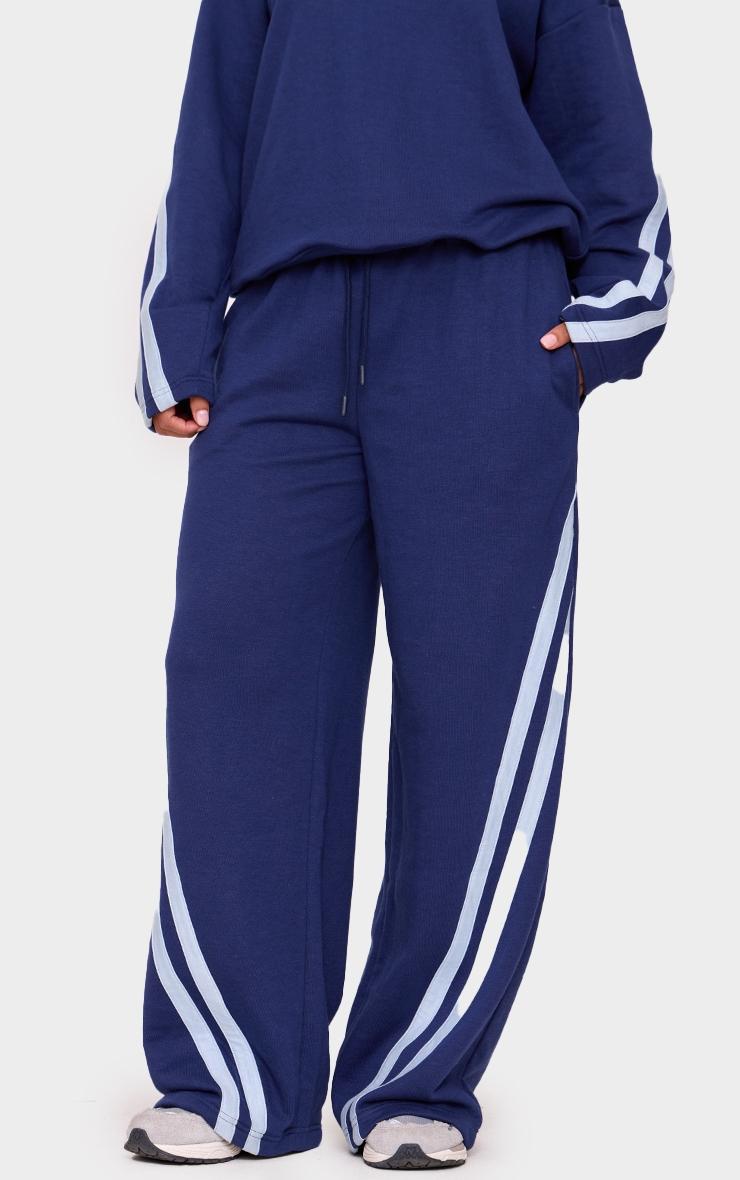 Navy Contrast Striped Wide Leg Sweatpants Product Image