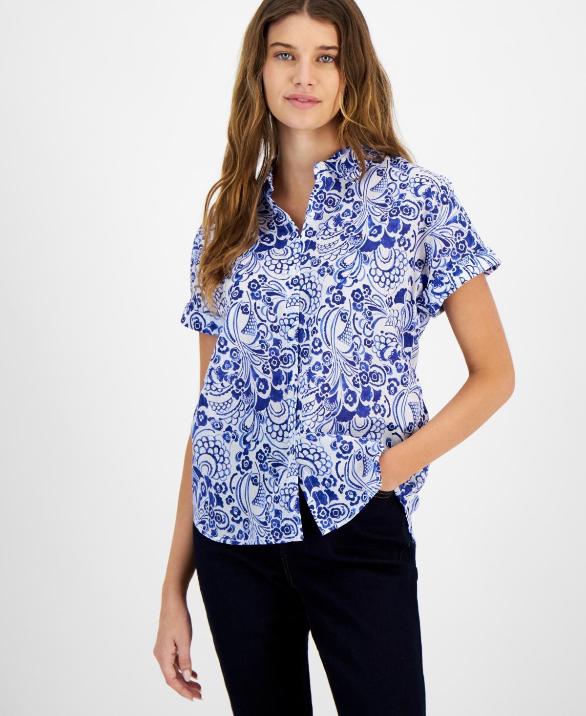 Tommy Hilfiger Womens Cotton Floral-Print Camp Shirt Product Image