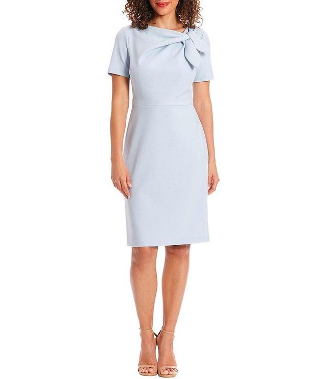 London Times Petite Size Short Sleeve Asymmetric Tie Neck Scuba Crepe Sheath Dress Product Image