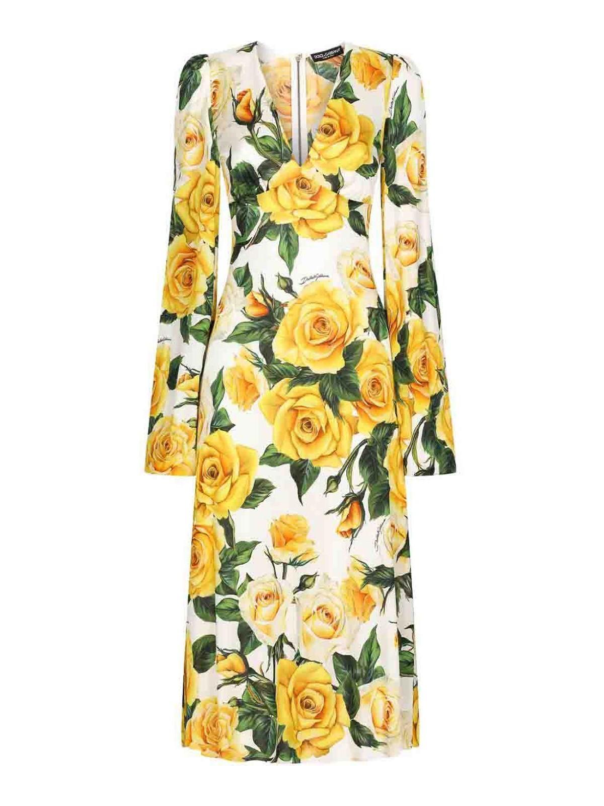 DOLCE & GABBANA Rose Printed Organzino Silk Midi Dress In Rose Gialle Product Image