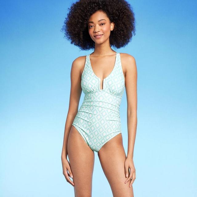 Womens U-Wire One Piece Swimsuit - Shade & Shore Light Blue Geo Print Product Image