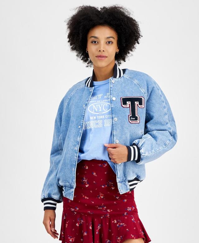 Tommy Jeans Womens Denim Snap-Front Cotton Letterman Jacket Product Image