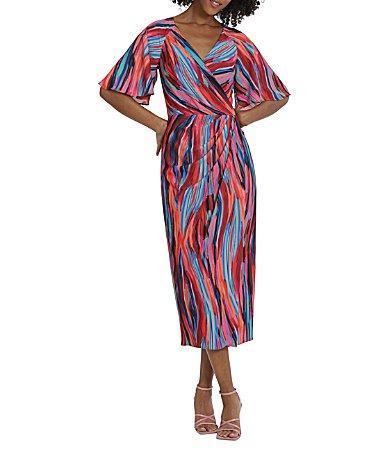 Maggy London Printed Surplice V-Neck Short Sleeve Faux Wrap Midi Dress Product Image