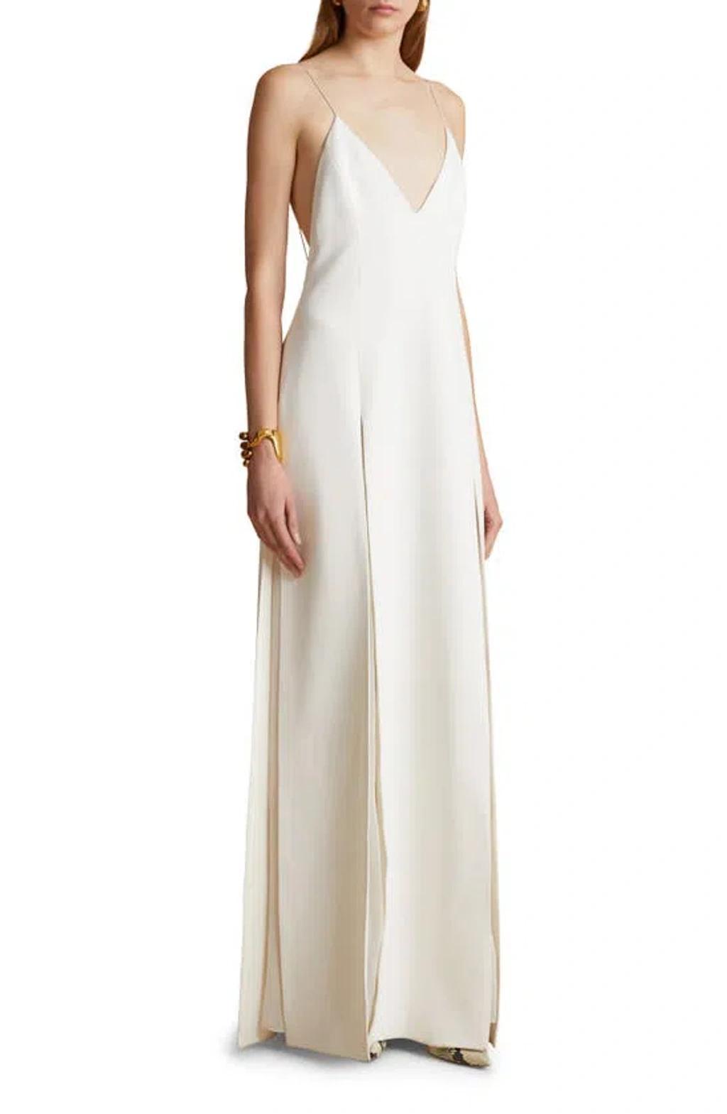 KHAITE Nonya Plunged Satin Crepe Maxi Dress In Chalk Product Image