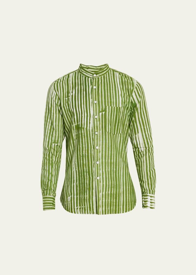 Studio 189 Men's Batik Striped Band-Collar Sport Shirt  - GREEN - Size: Small Product Image