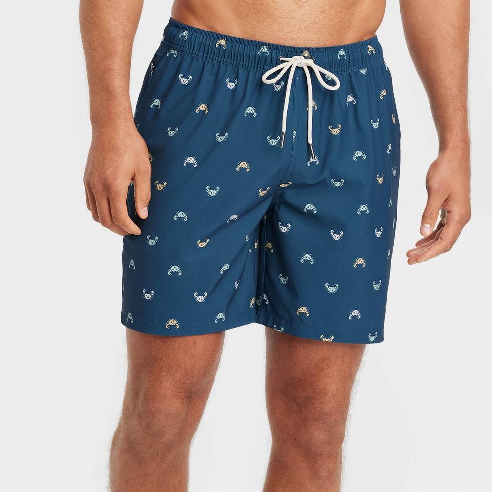 Mens 7 Crab Print Swim Shorts with Boxer Brief Liner - Goodfellow & Co Light Navy Blue L Product Image