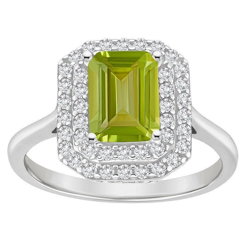 Celebration Gems Sterling Silver Emerald-Cut Peridot & White Topaz Double Halo Ring, Womens Product Image