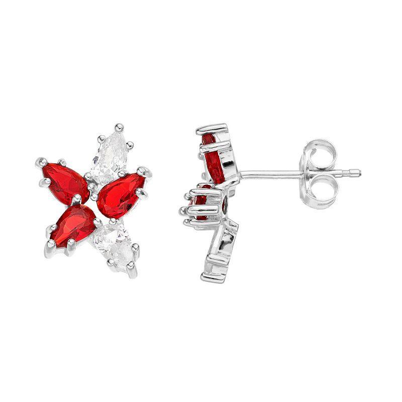 Sterling Silver Red & Clear Cubic Zirconia Geometric Stud Earrings, Womens Product Image