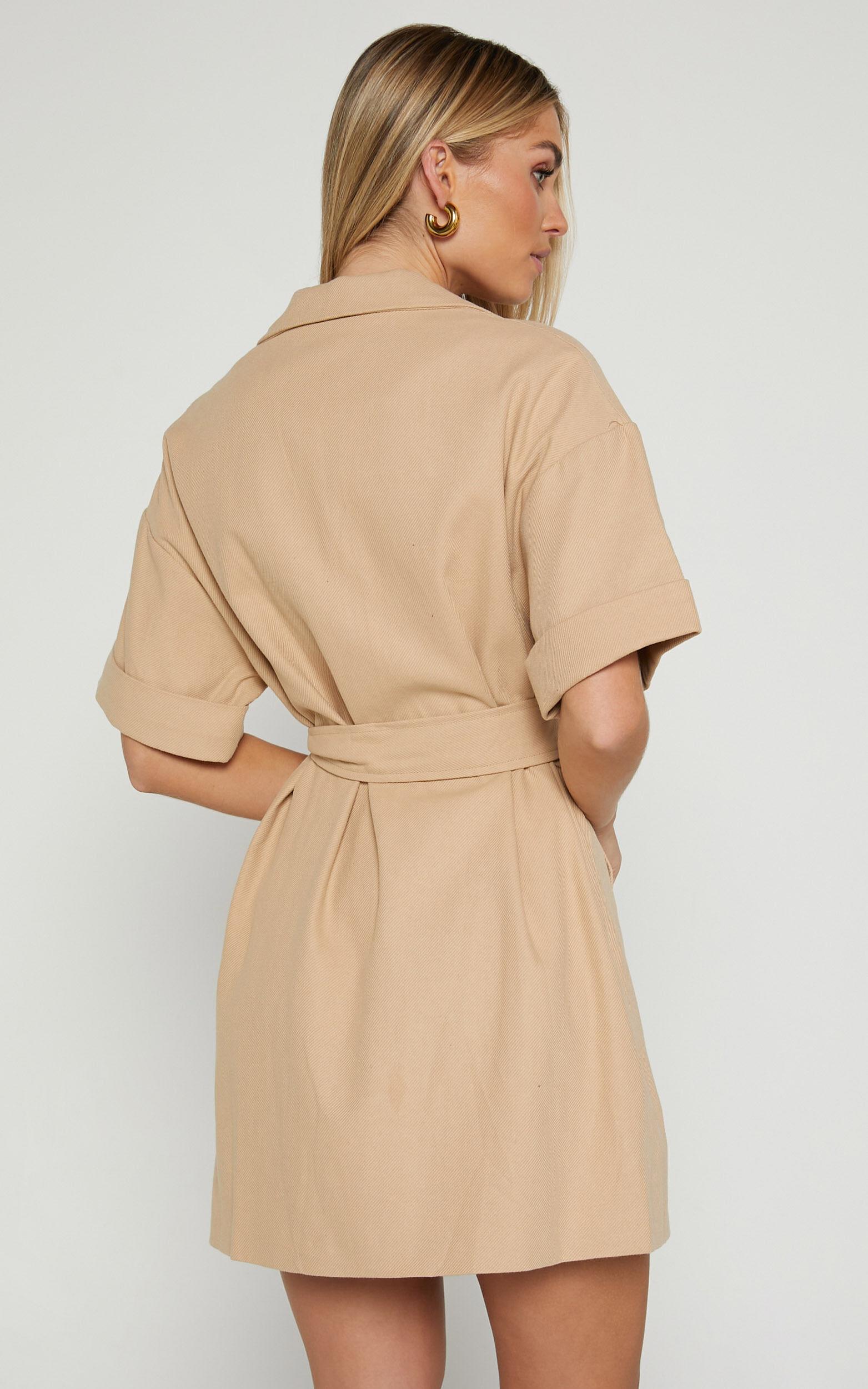 Cyrus Mini Dress - Waist Wrap Short Sleeve Blazer Mini Dress in Stone Product Image