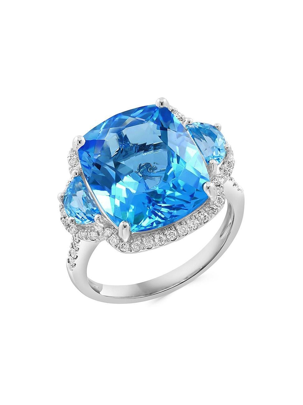 Womens 14K White Gold, Blue Topaz & 0.28 TCW Diamond Halo Ring Product Image