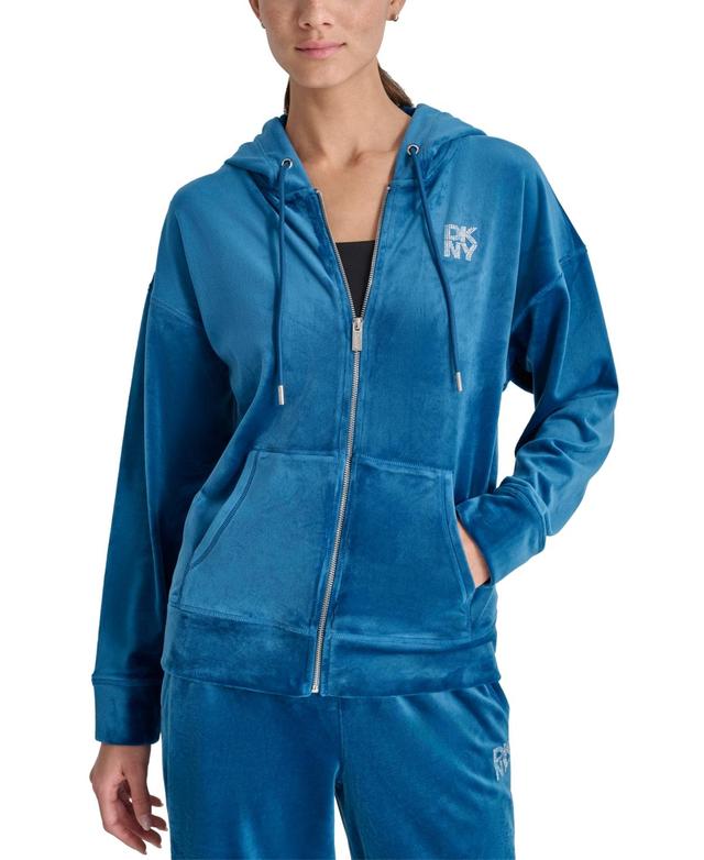 Dkny Womens Velour Rhinestone-Logo Zip-Front Hoodie Product Image