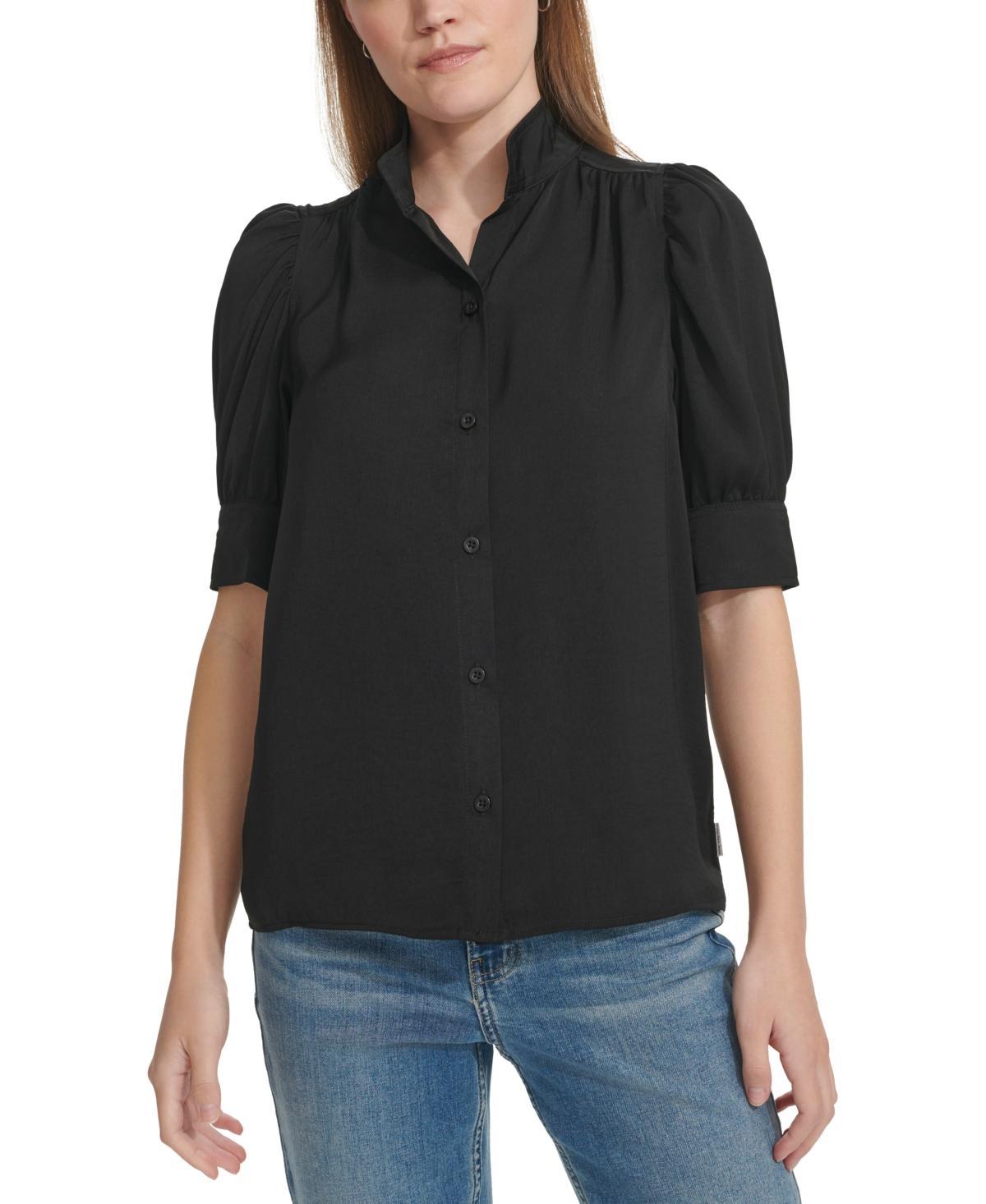 Calvin Klein Jeans Womens Charmeuse Puff-Sleeve Stand-Collar Top Product Image