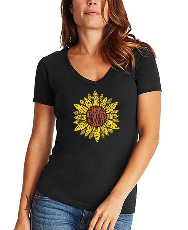 La Pop Art Womens Sunflower Word Art V-neck T-shirt Product Image