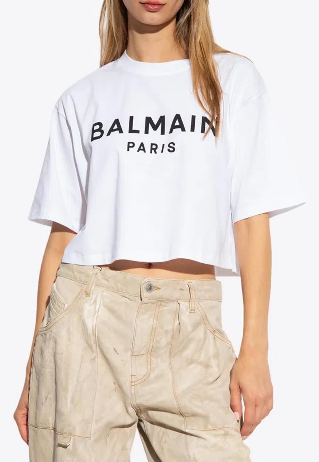 BALMAIN Logo Print Cropped T-shirt In White Product Image