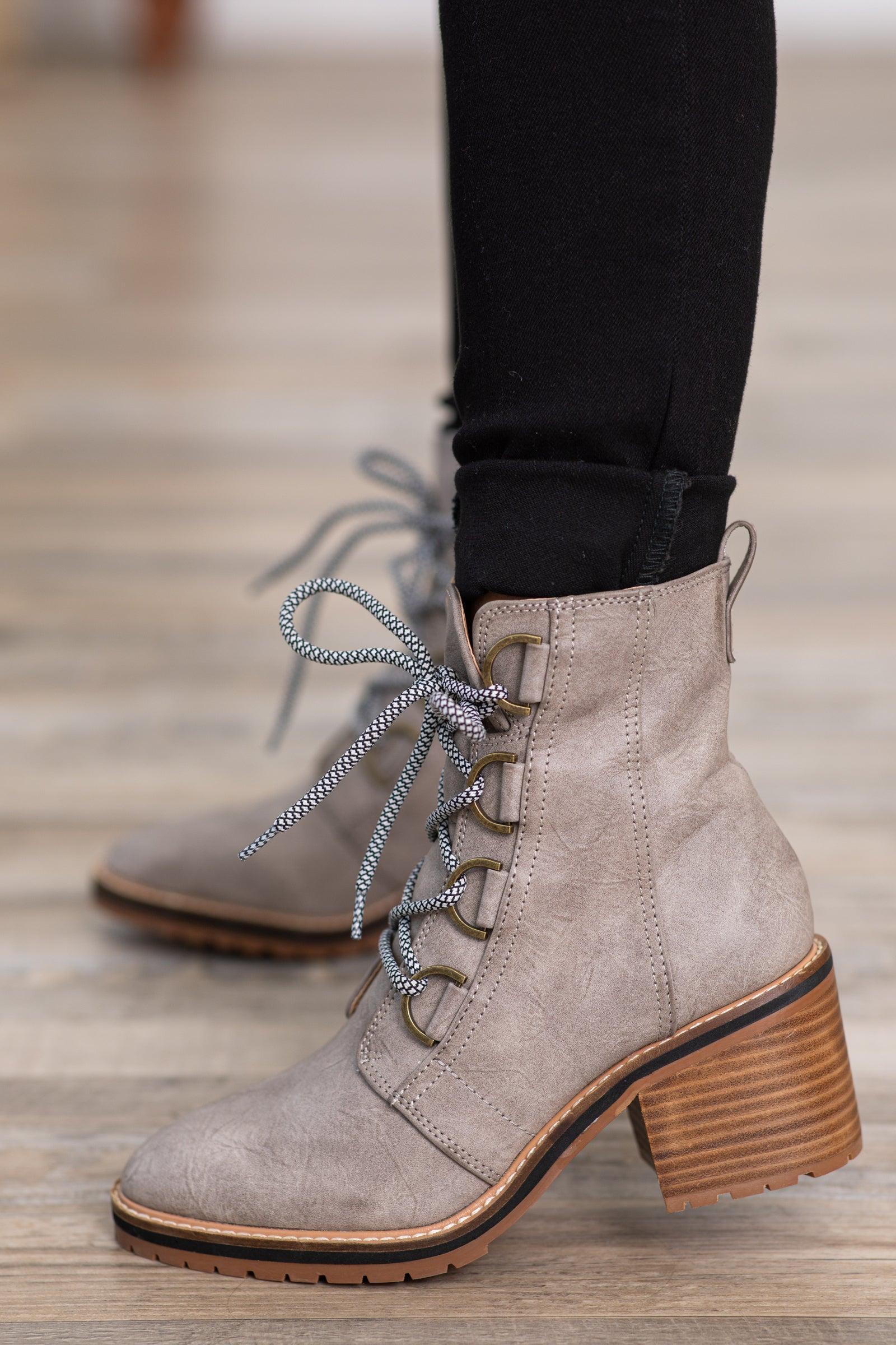 Grey Lace Up Boots With Block Heel Product Image