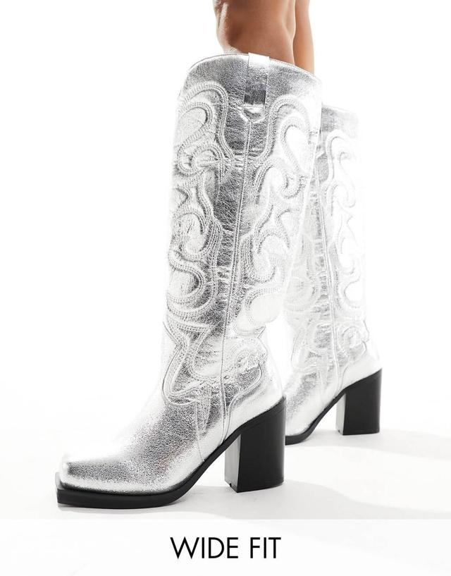 Public Desire Wide Fit Austine knee boot with western stitching in metallic silver Product Image