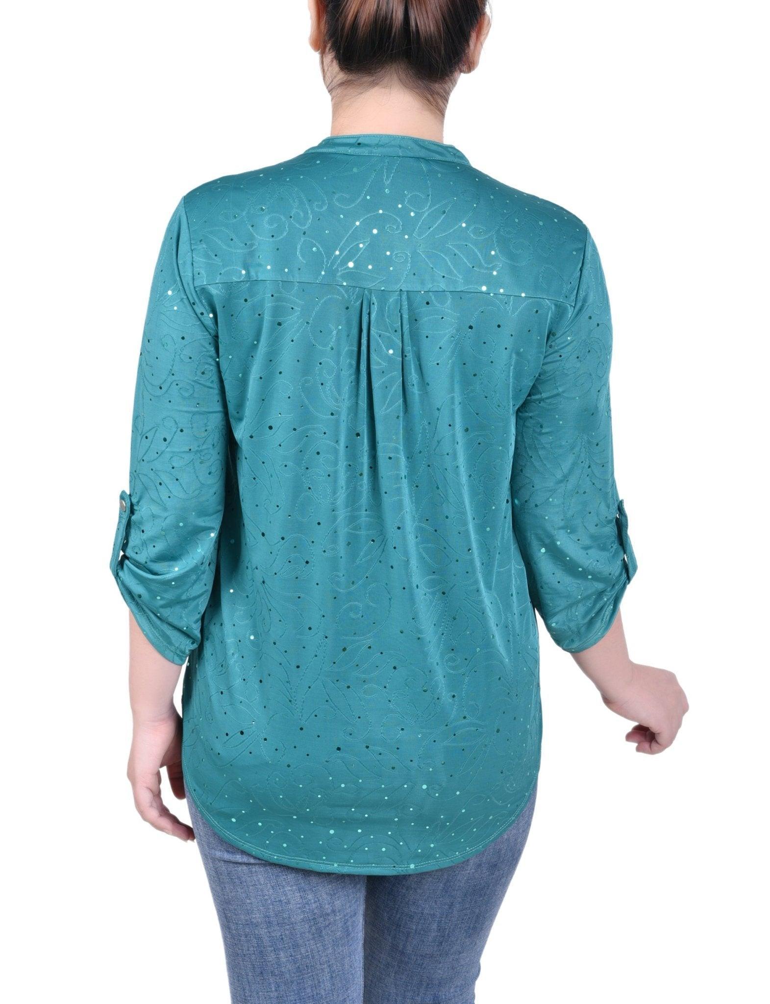 3/4 Length Sleeve Roll Tab Y Neck Top - Petite Product Image