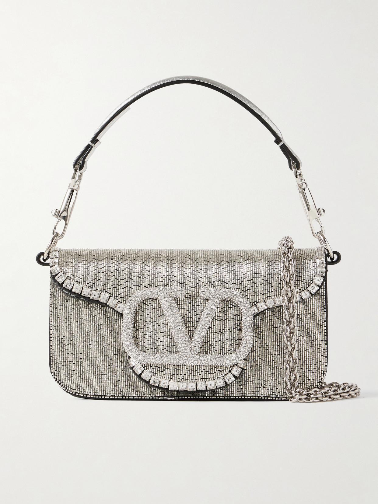 VALENTINO GARAVANI Locò Vlogo Small Embellished Leather Shoulder Bag In Crystal Product Image