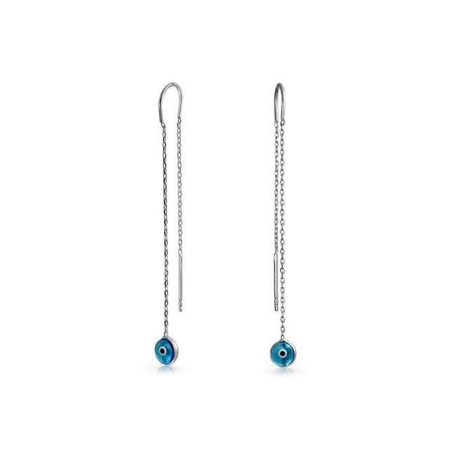 Bling Jewelry Blue Nazar Evil Eye Murano Glass Spiritual Thin Chain Threader Earrings For Women .925 Sterling Silver Product Image