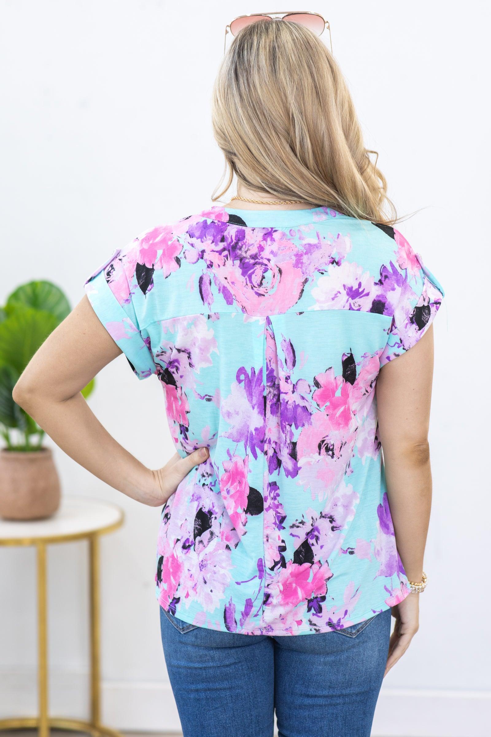 Mint and Lavender Print Wrinkle Free Lizzy Top Product Image