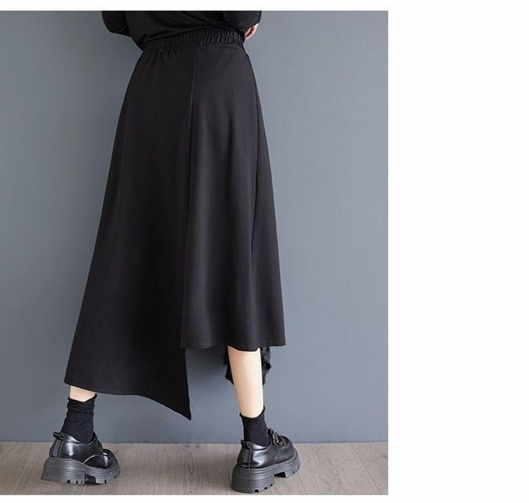 Elastic Waist Plain Frill Asymmetrical Panel Midi A-Line Skirt Product Image