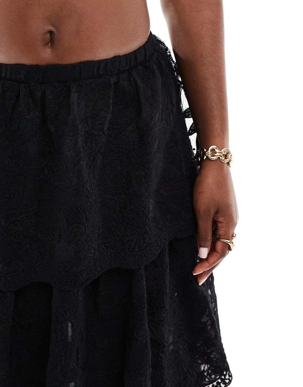 Miss Selfridge premium beach tiered lace maxi skirt in black Product Image