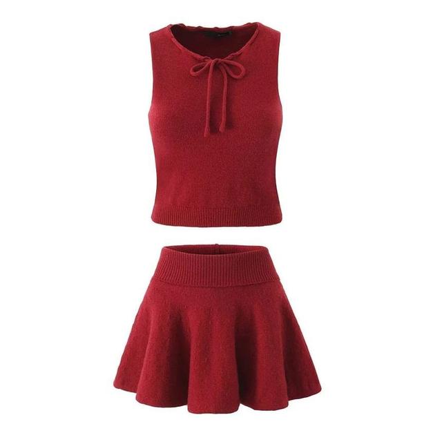 Round Neck Plain Bow Crop Knit Tank Top / High Rise Mini A-Line Skirt Product Image