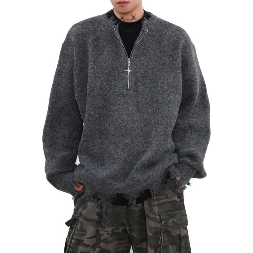 Round Neck Distressed Half-Zip Sweater Product Image