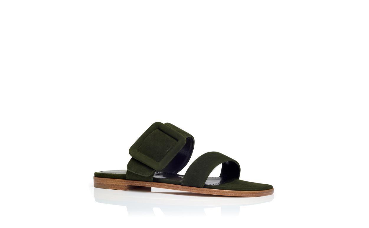 TITUBAFLAT Dark Green Suede Flat Sandals Product Image