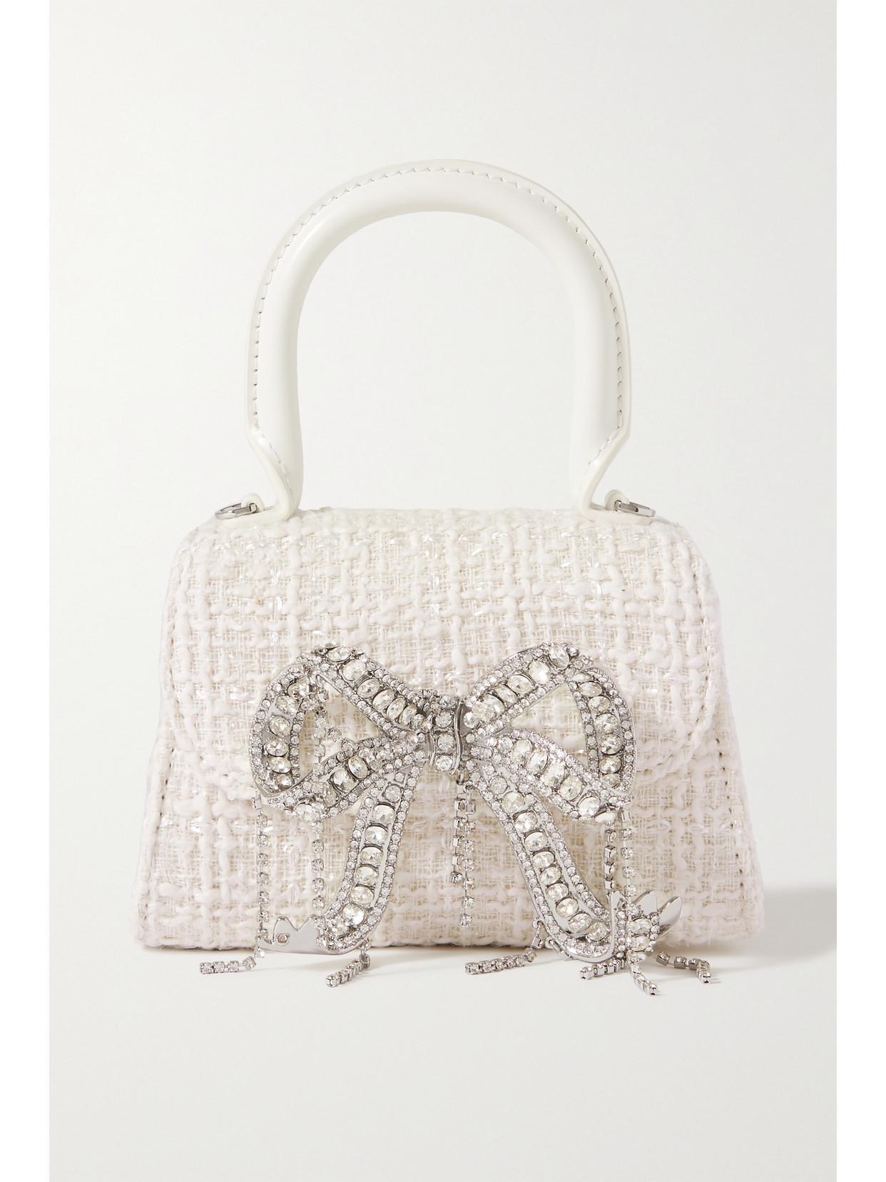 The Micro Bow Mini Crystal-embellished Bouclé Tote In Cream product image