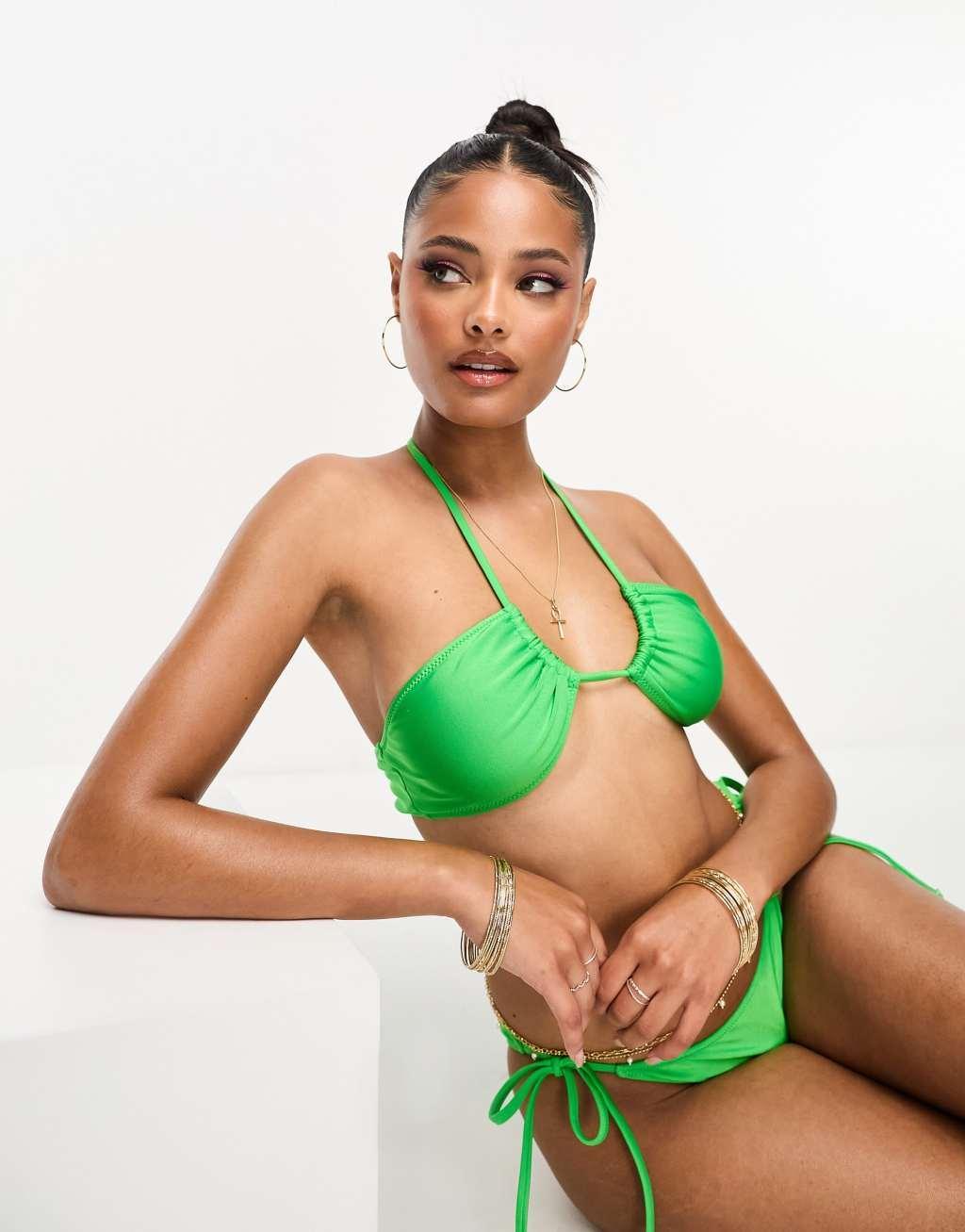 Pieces exclusive cross front halter neck bikini top in bright green Product Image