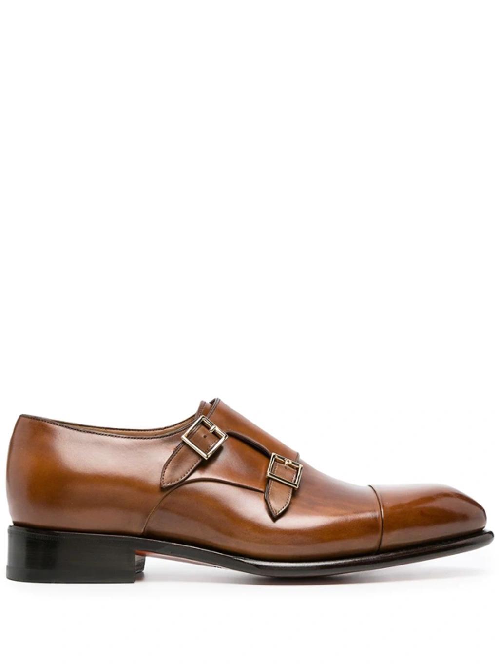 SANTONI Double-buckle Polished Monk Shoes In Mid Brown Product Image