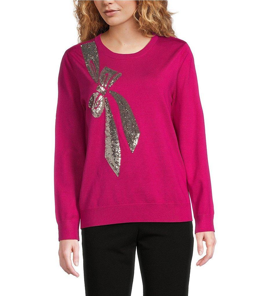 DKNY Sequin Bow Motif Crew Neck Long Sleeve Festive Sweater Product Image