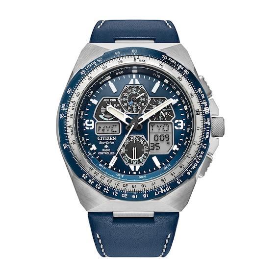 Citizen Eco-Drive Mens Chronograph Promaster Skyhawk Blue Leather Strap Watch 46mm Product Image