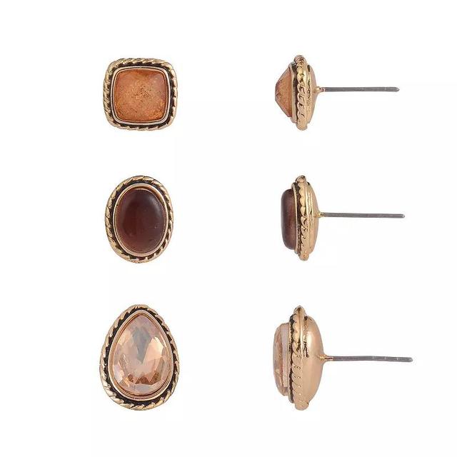 Emberly Stone Stud Earrings 3-Piece Set, Womens, Brown Product Image