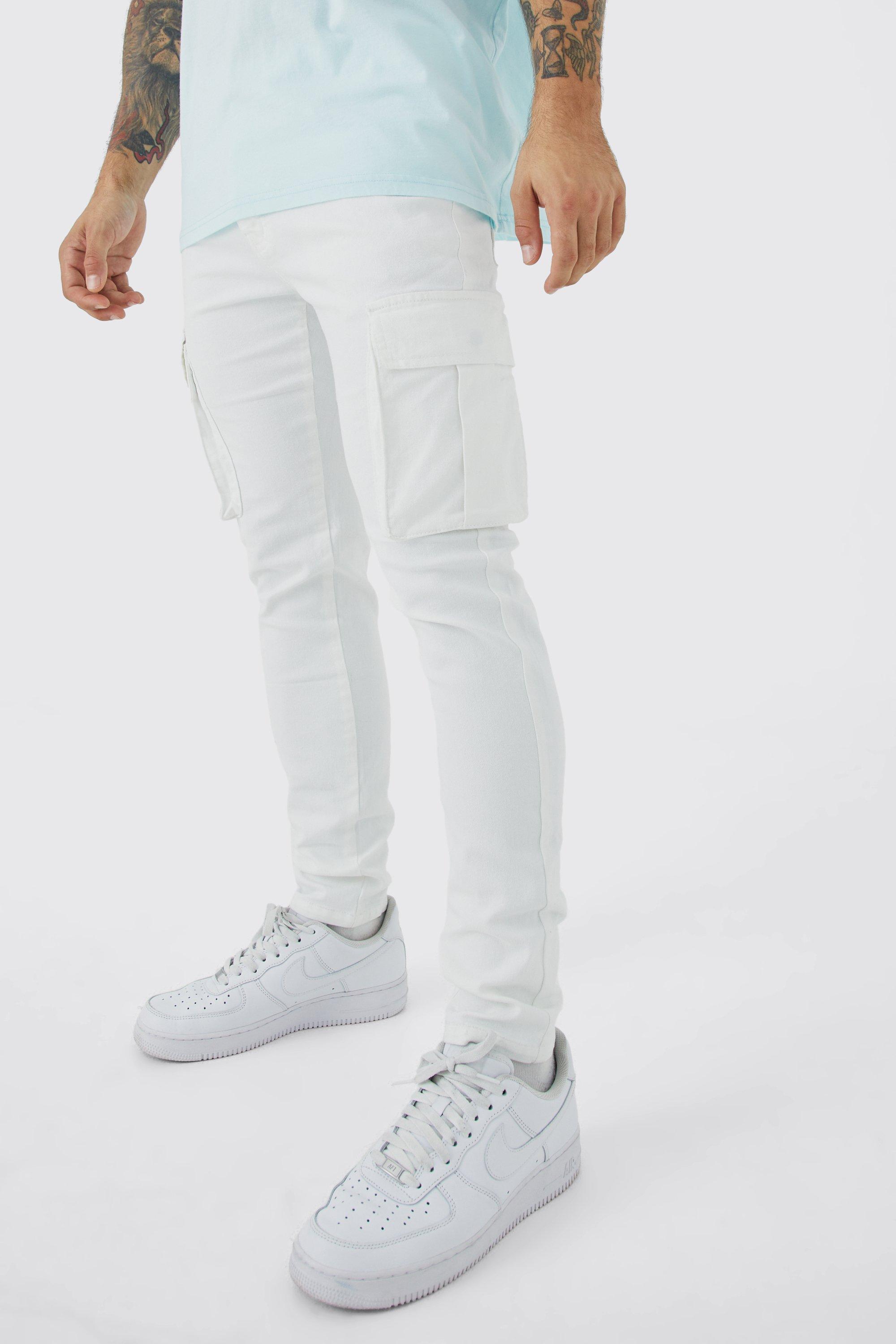 Mens White Skinny Stretch Cargo Jean, White Product Image