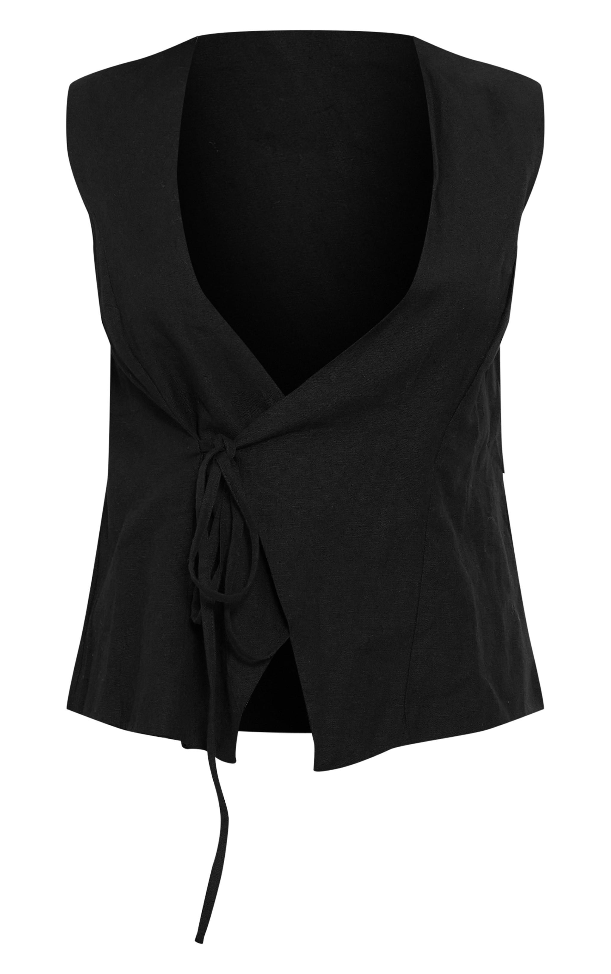 Black Linen Wrap Tie Front Waist Coat Product Image