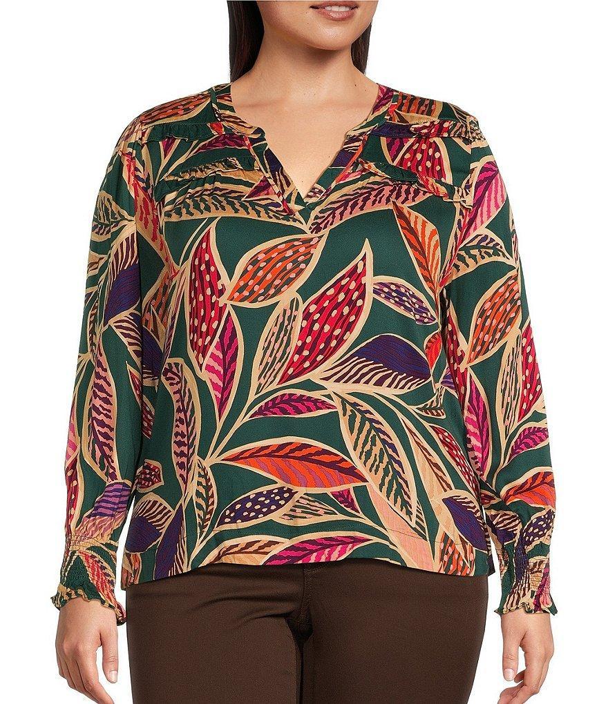 Democracy Plus Size Woven Leaf Print Double Ruffle Yoke Notch V-Neck Long Sleeve Top Product Image